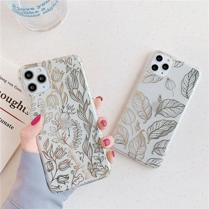 Leaf flower phone case for iPhone, TPU back cover, geometric design, simple style, 3 colours