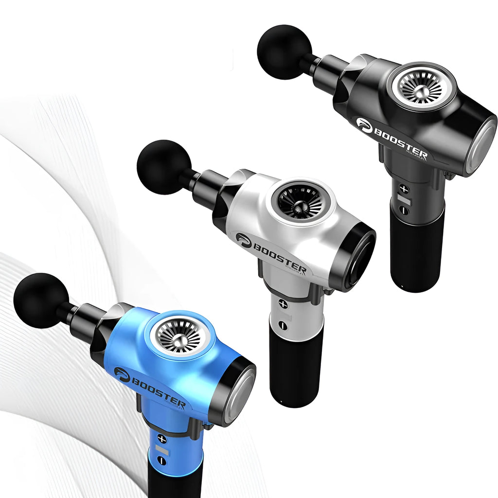 Black and white muscle massage gun with a 12mm stroke on a grey background