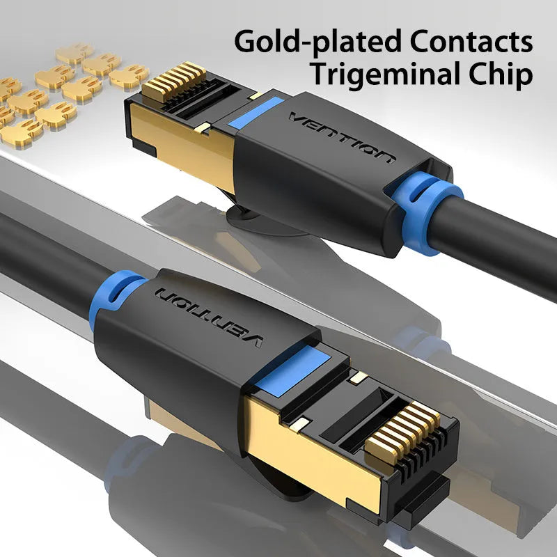 CAT8 shielded network cable with RJ45 connectors, shown in flat and round style options.