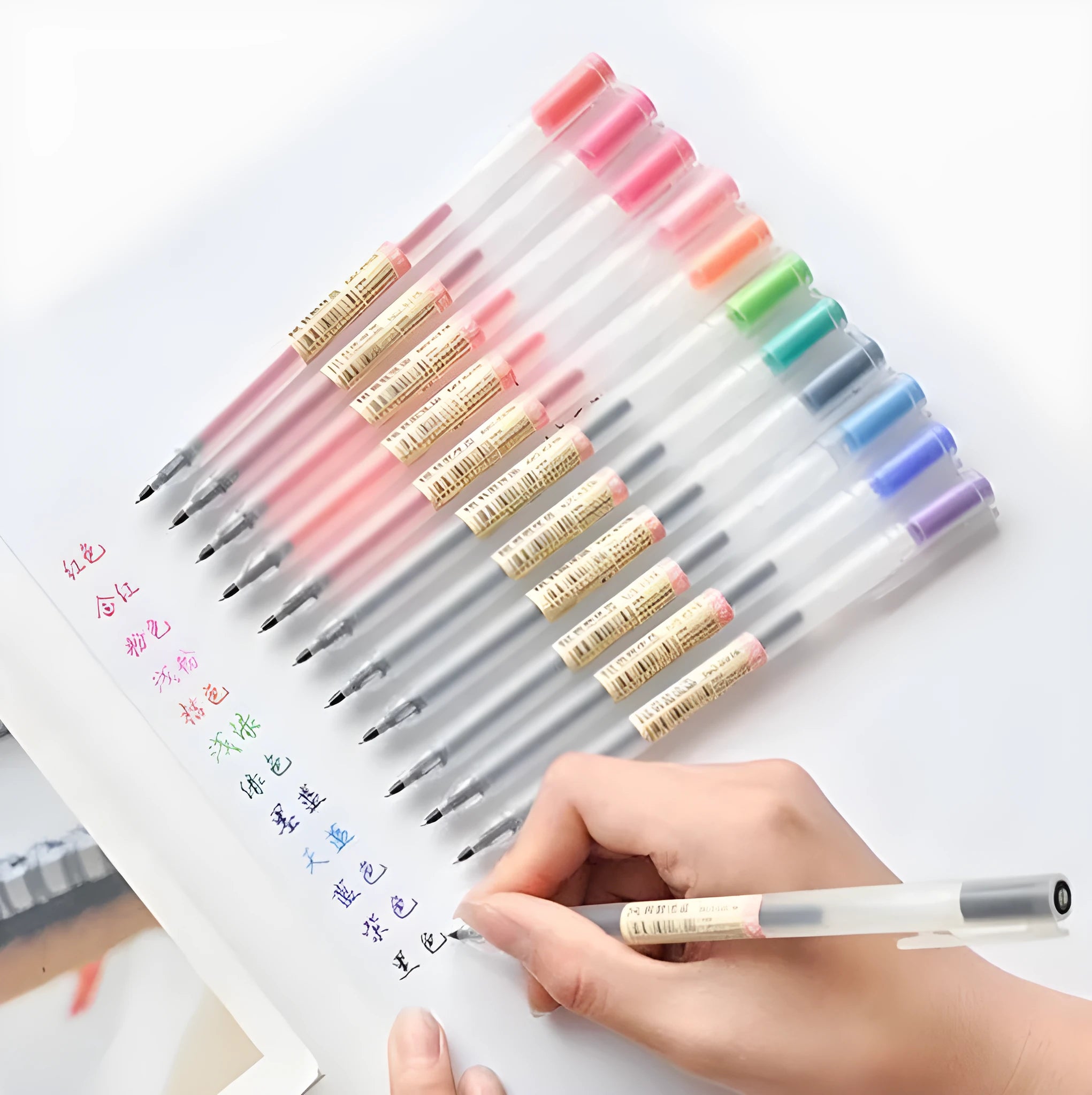 Twelve Muji gel pens with 0.5mm fine tips in a set showing leak prevention mechanism