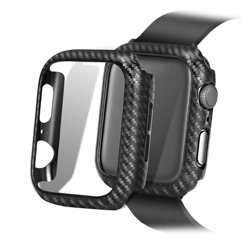 Carbon fibre and leather Apple Watch band with PC hard case in black, blue, orange, and red colour options