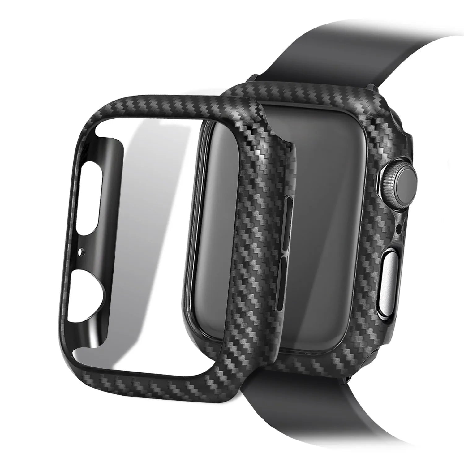 Carbon fibre and leather Apple Watch band with PC hard case in black, blue, orange, and red colour options
