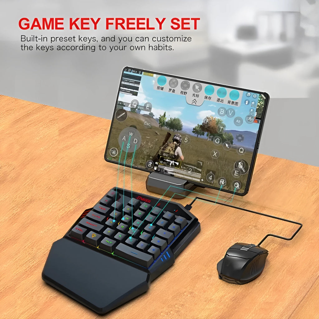HXSJ K99 Bluetooth one-handed gaming keyboard and wired mouse set in black with phone holder
