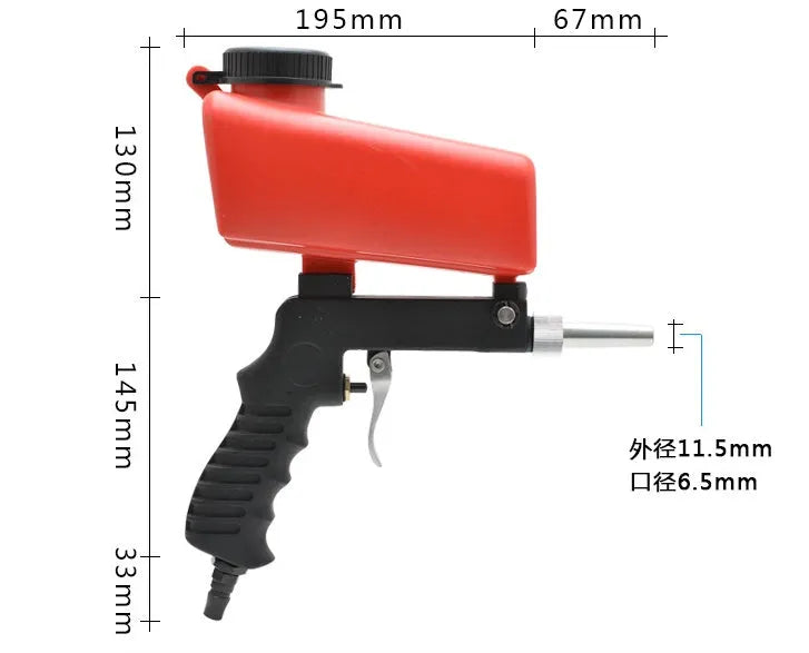 Portable black pneumatic sandblasting gun with gravity feed tank for rust removal and descaling work.