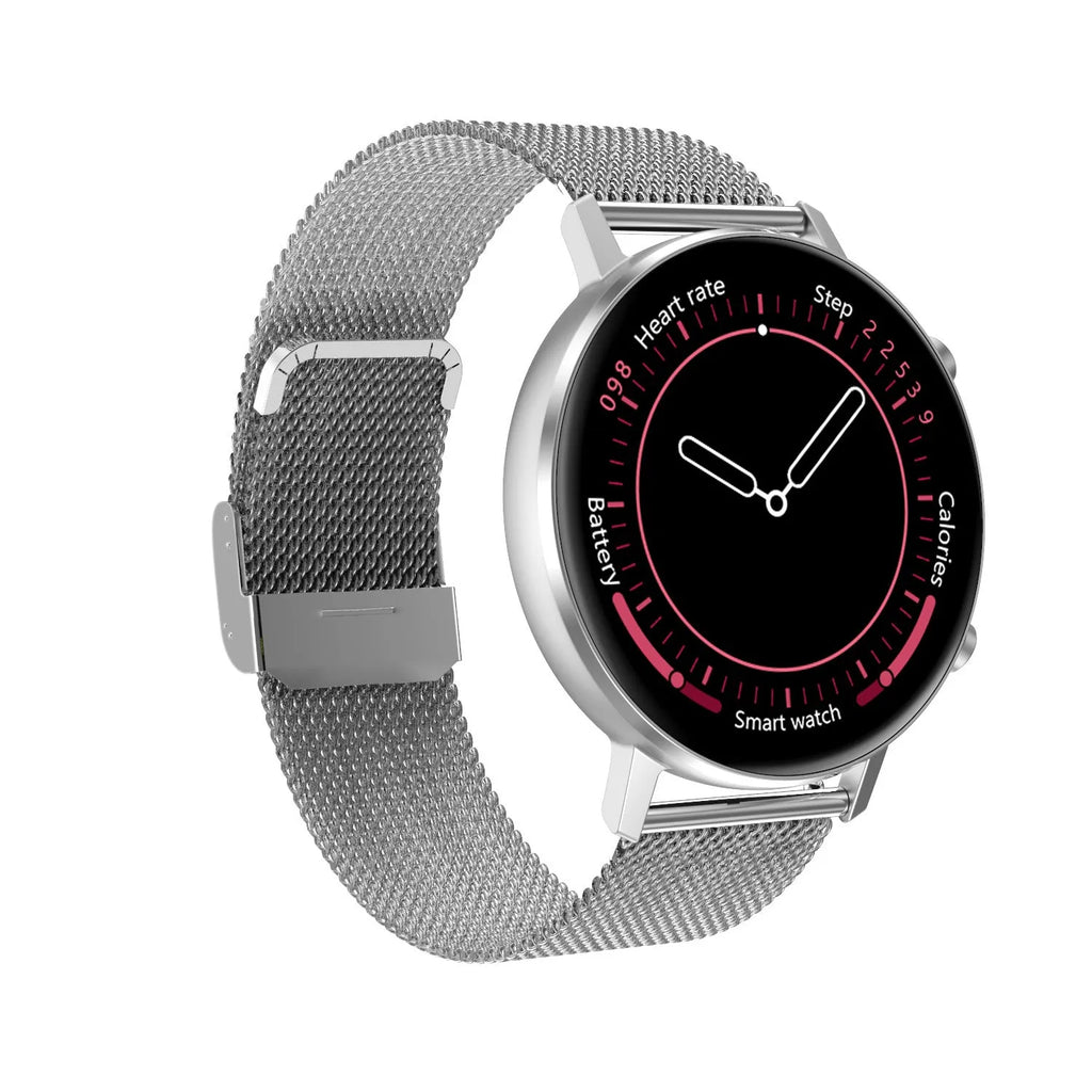 DT96 smart bracelet with stainless steel strap and 1.3-inch display shown in three colour options