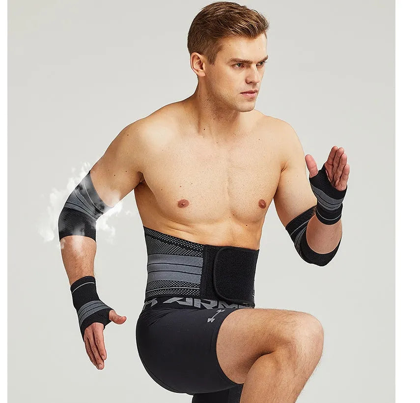 Nylon sports protective gear set with ankle brace, elbow pads, palm guard, and waist support on white background