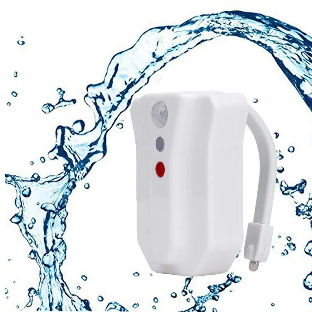 8-colour motion sensor toilet light with flexible adhesive mount for easy installation on toilet surface