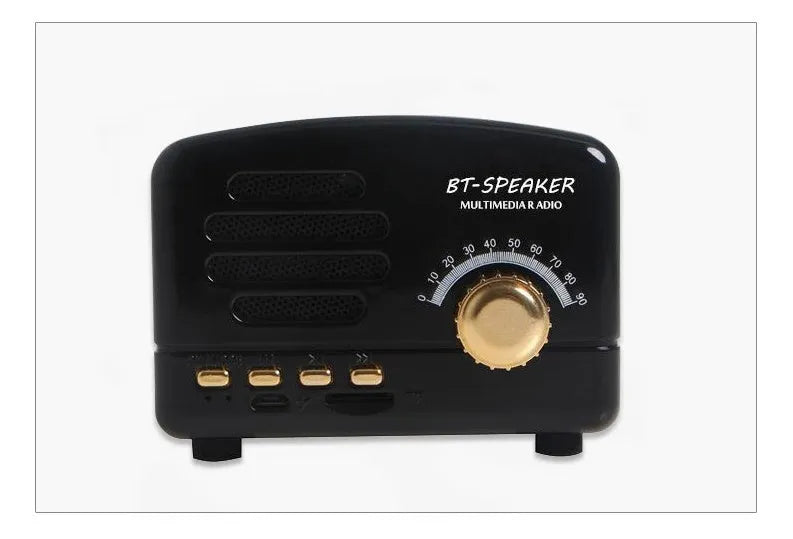 Vintage wood finish Bluetooth speaker in black colour on a wooden surface