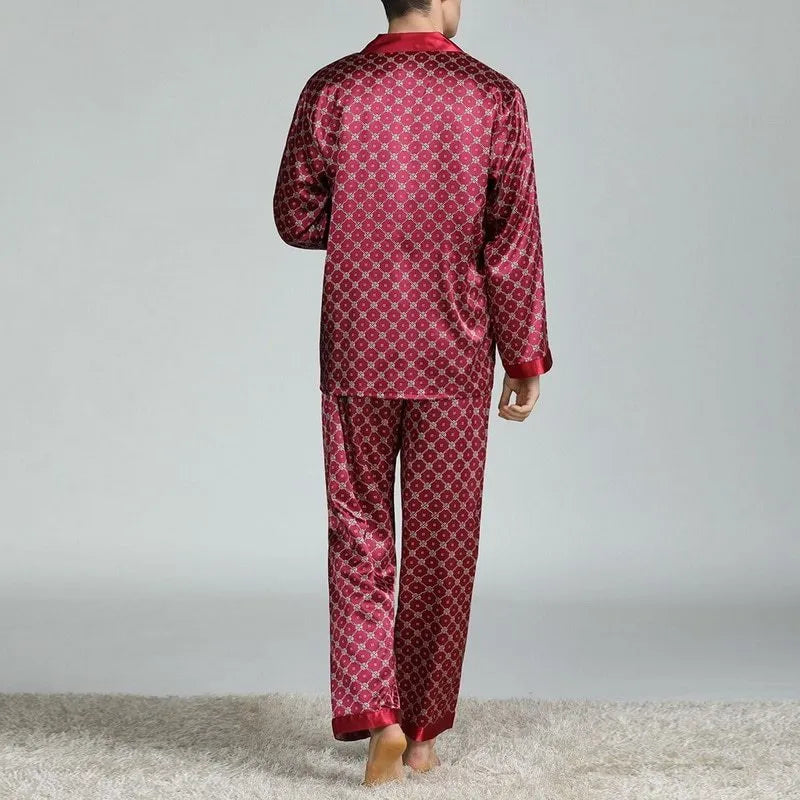Men's printed long-sleeved pajama suit in imitation silk polyester fiber, cardigan style with V-neck lapel collar and matching trousers