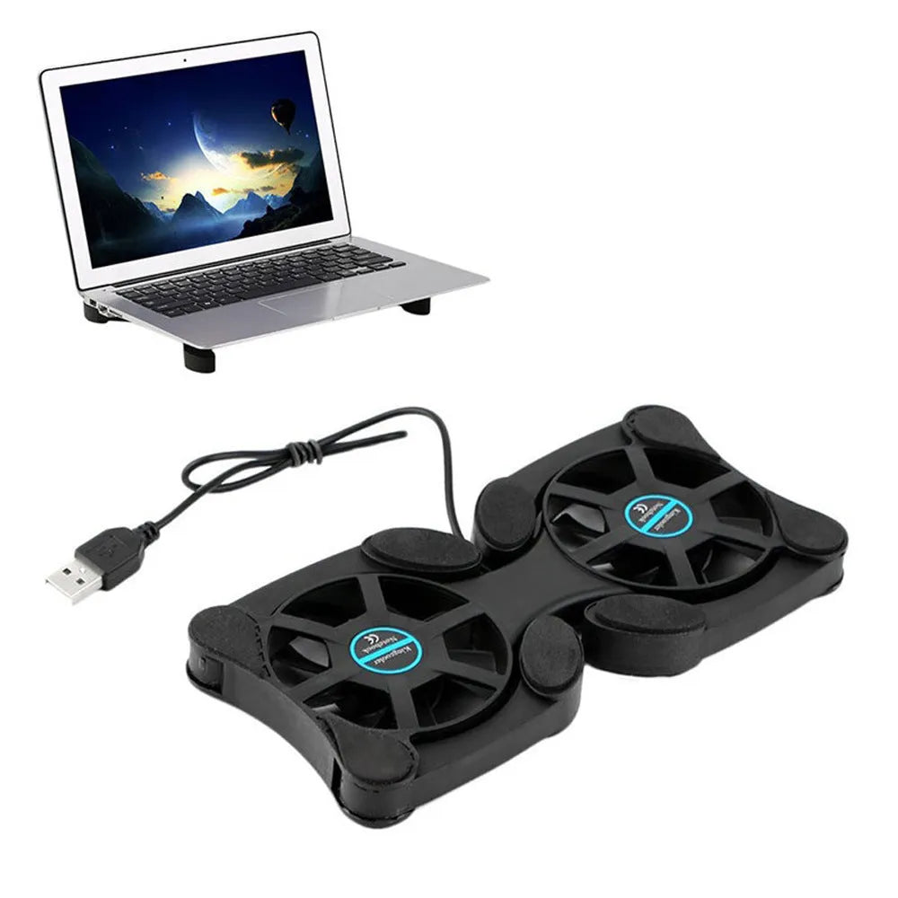 Portable folding laptop cooling stand with dual 70mm fans, black, open on desk with notebook