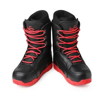 Men's black ski boots with lace-up tie closure, rubber outsole and high upper