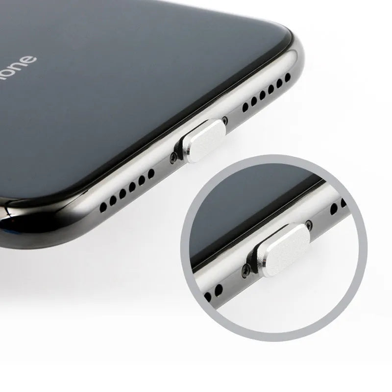 Aluminium alloy iPhone charging port dust plug shown in gold, silver, blue, red, grey, black, rose gold, and rose colours.