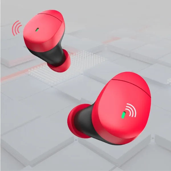 Flame Red Qualcomm TWS 3040 bilateral wireless Bluetooth earphones with charging cable