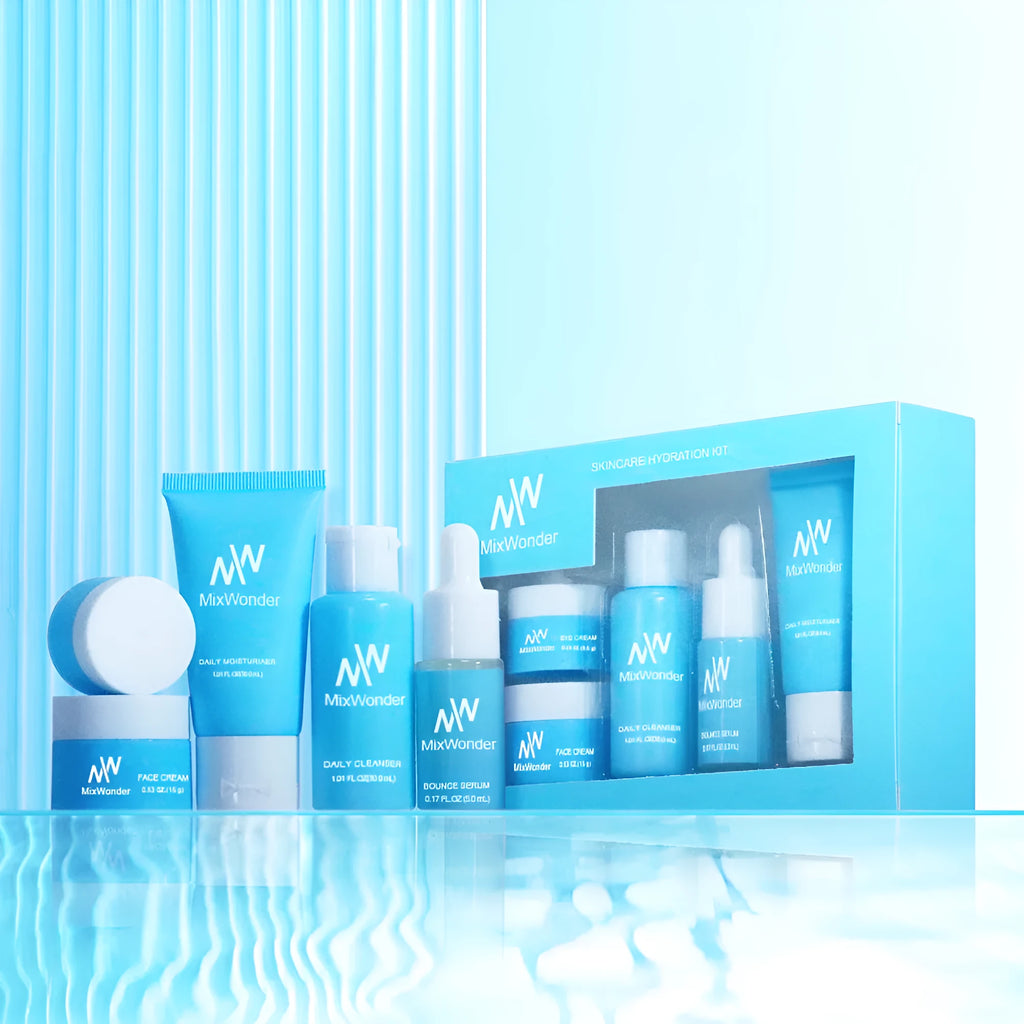 Five-piece facial care travel pack with moisturizing cleansing tonic, lotion, cream, and eyes lotion in portable packaging