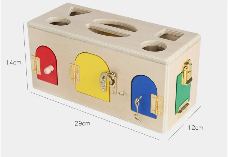 Wooden educational shape sorting lock box toy with coloured blocks for preschool children.