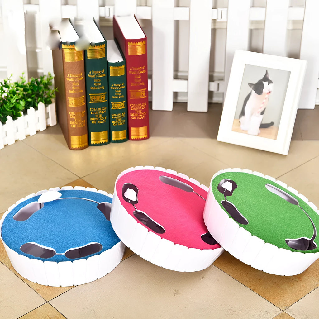 Automatic cat teaser toy with rotating non-woven mouse, blue colour, on a light floor
