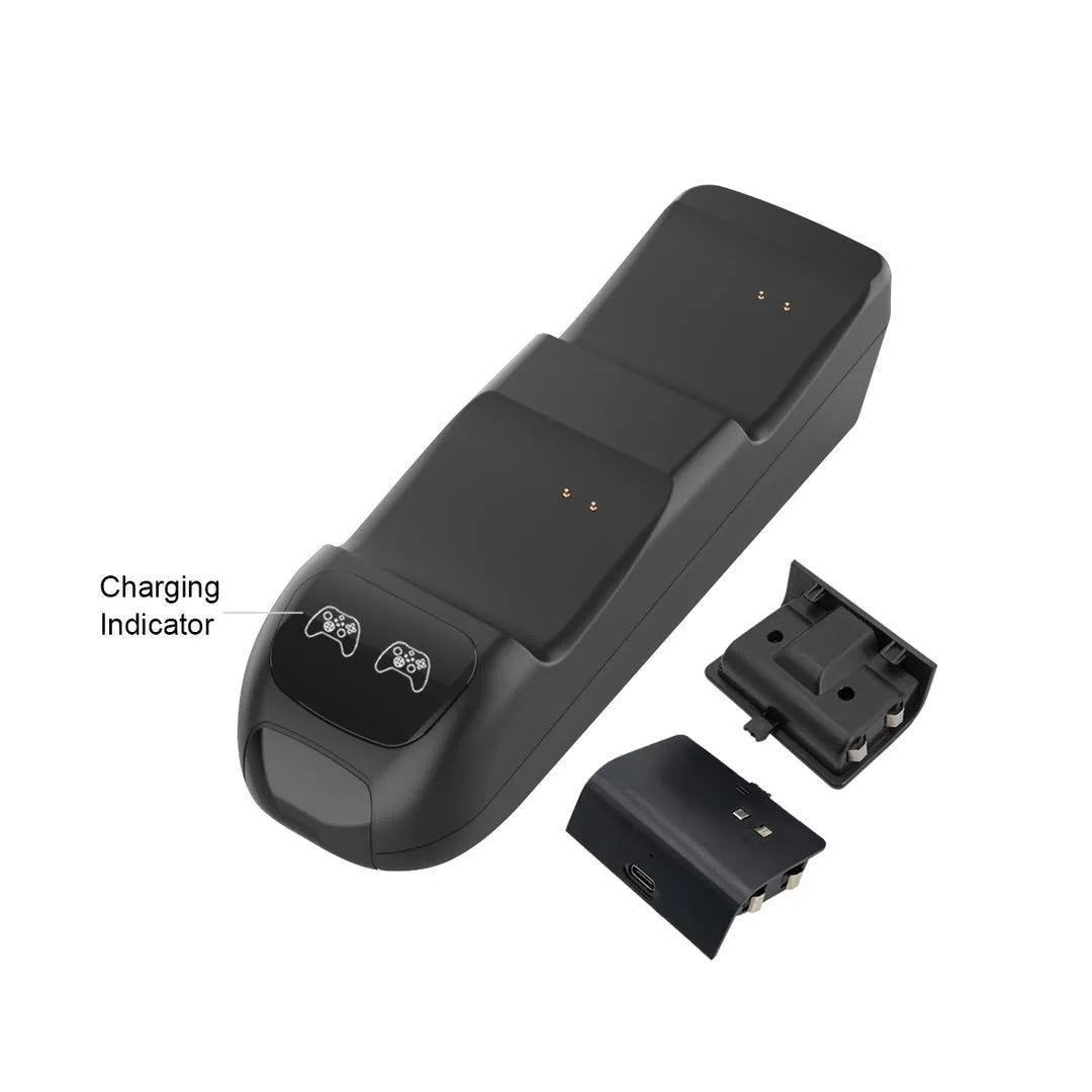 Black wireless charging station for two Xbox Series X|S controllers with LED lights, shown with battery packs.