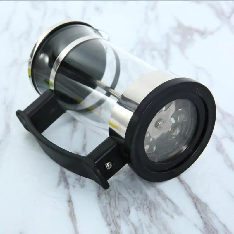 350ml manual French press coffee maker with glass carafe and stainless steel plunger, measuring 10cm by 8cm by 17cm.