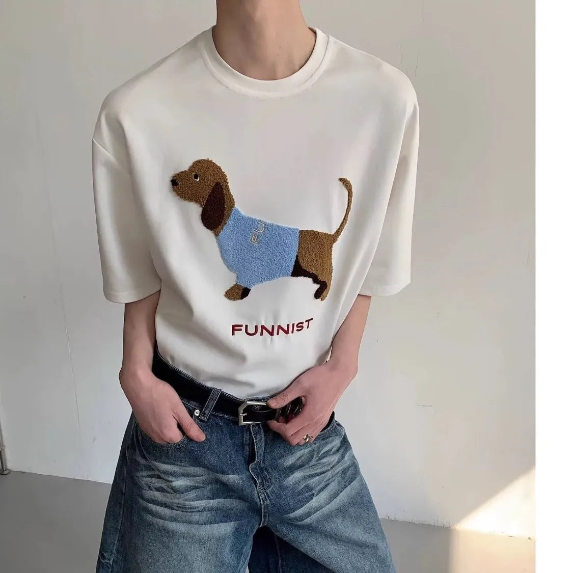 Men's grey cotton T-shirt with embroidered sausage dog design on front