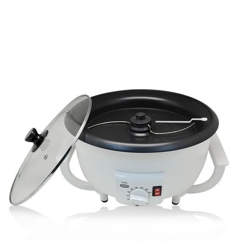 White oblate coffee bean roasting machine with 225mm base for home use.