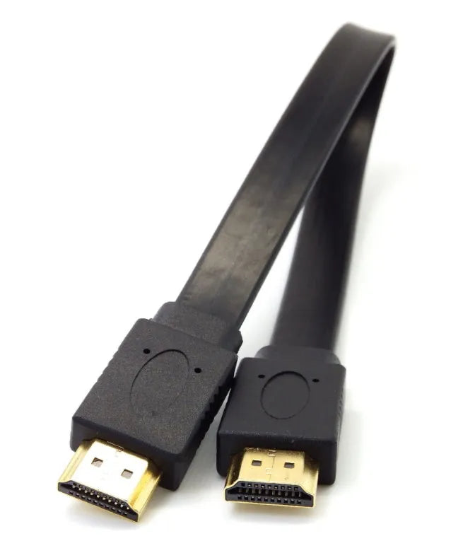 HDMI 1.4 flat cable with gold connectors showing length options for 1080P video connection