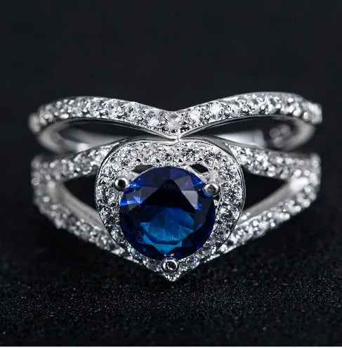 Heart-shaped diamond ring with 18k platinum plated alloy band, 12g, sizes 6-10, blue or white stone