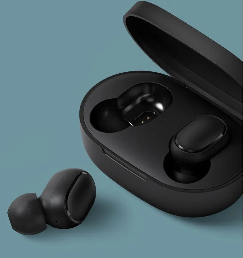 Redmi AirDots Black true wireless Bluetooth earbuds and charging case.