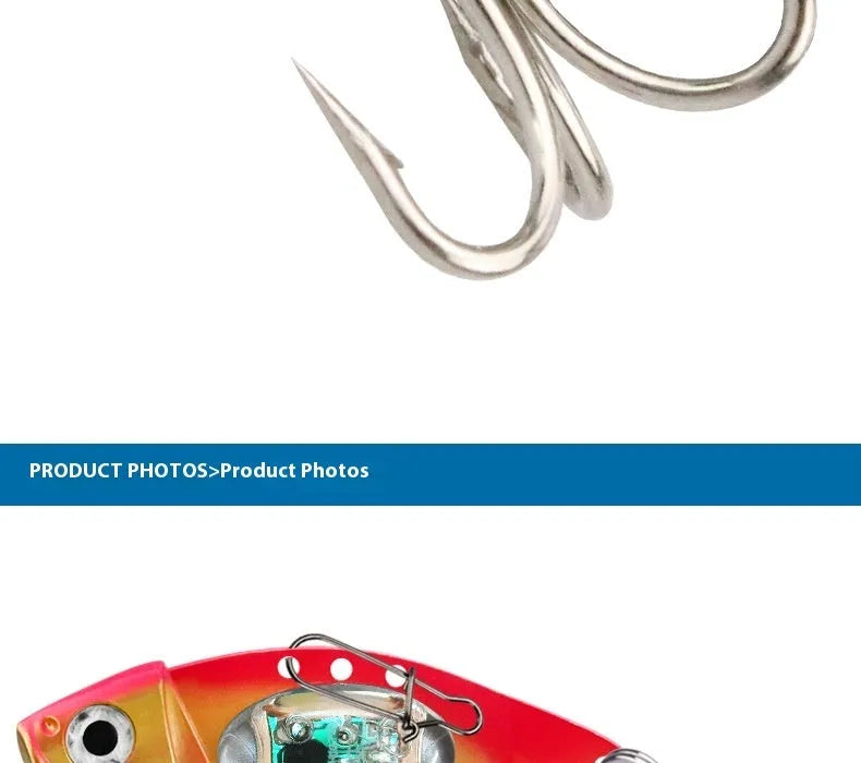 Luminous metal vib electronic fishing lure showing blue body and red body colour options
