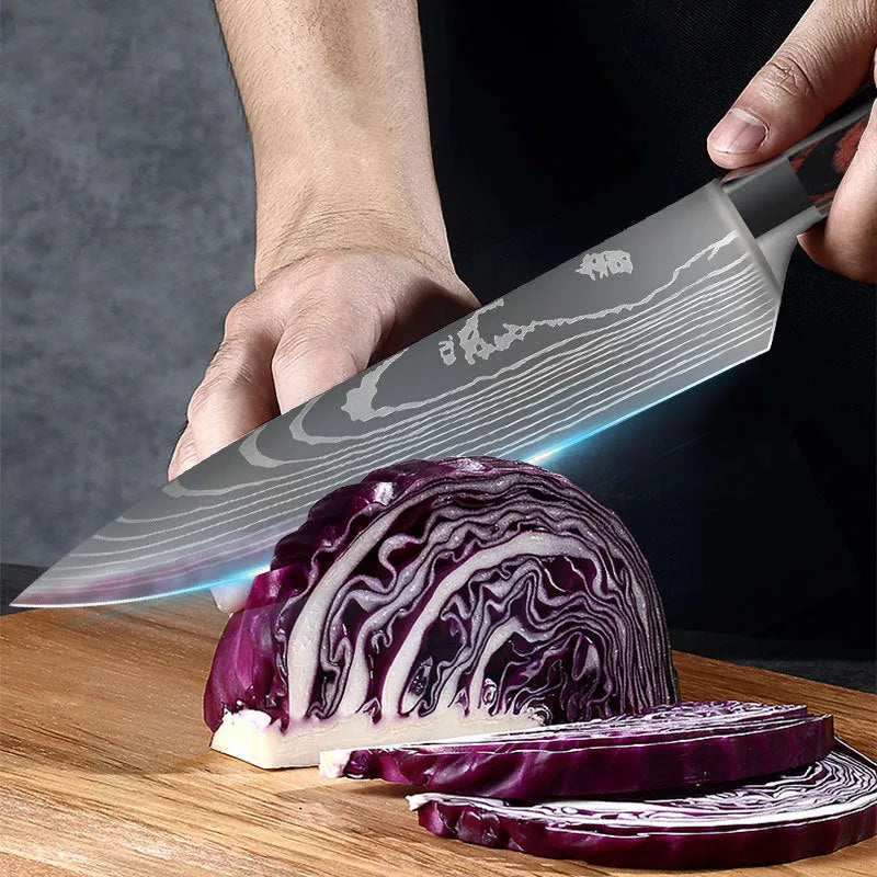 Chef knife with laser Damascus pattern on blade, steel handle, showing 30cm length.
