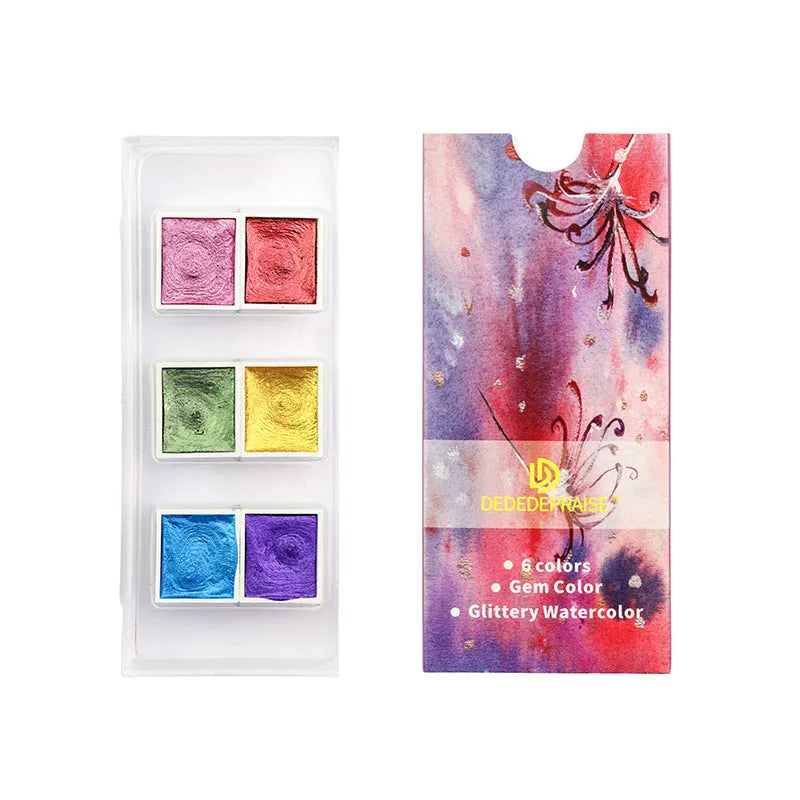 Boxed set of solid pearlescent watercolour pigment blocks in various colours for painting and nail art.