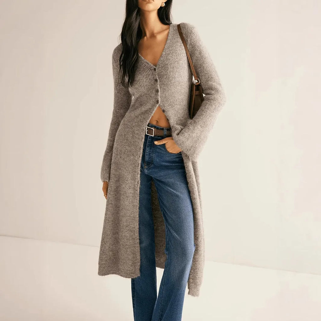 Khaki French retro cardigan coat with button front closure and long sleeves