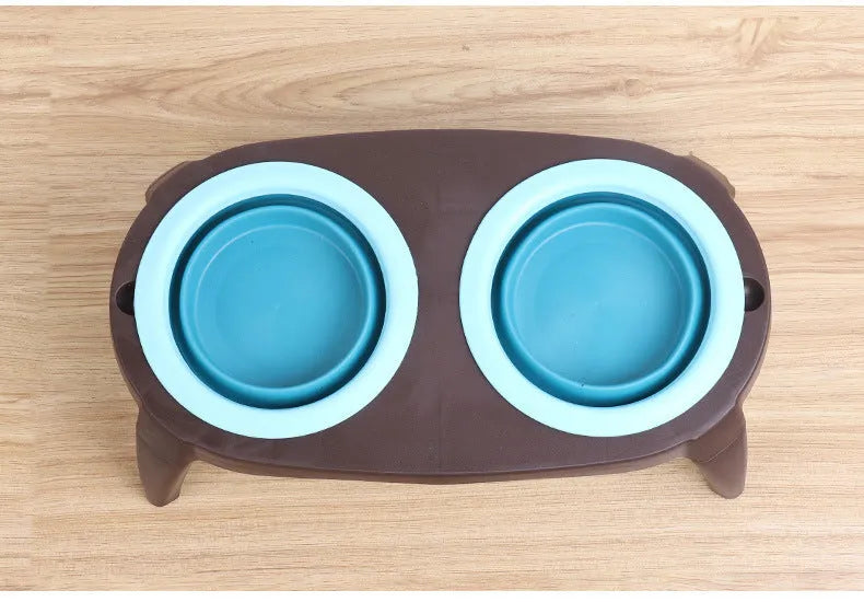 Folding pet double bowl in grey collapsed flat showing PP and TPR construction with two compartments