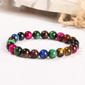 Colourful Tiger Eye stone bead bracelet with mixed string in geometric round design