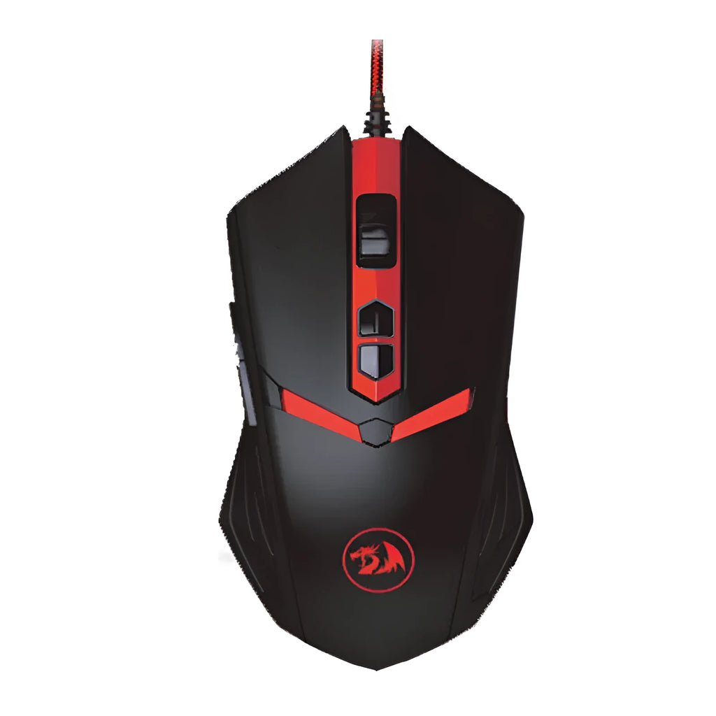 Black and red USB wired gaming mouse with six buttons and ergonomic design on desktop