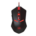 Black and red USB wired gaming mouse with six buttons and ergonomic design on desktop