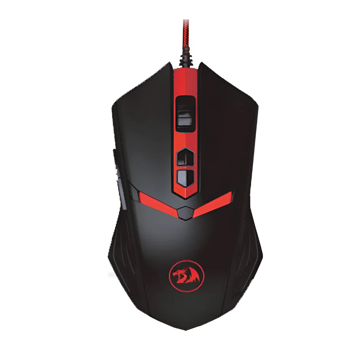 Black and red USB wired gaming mouse with six buttons and ergonomic design on desktop