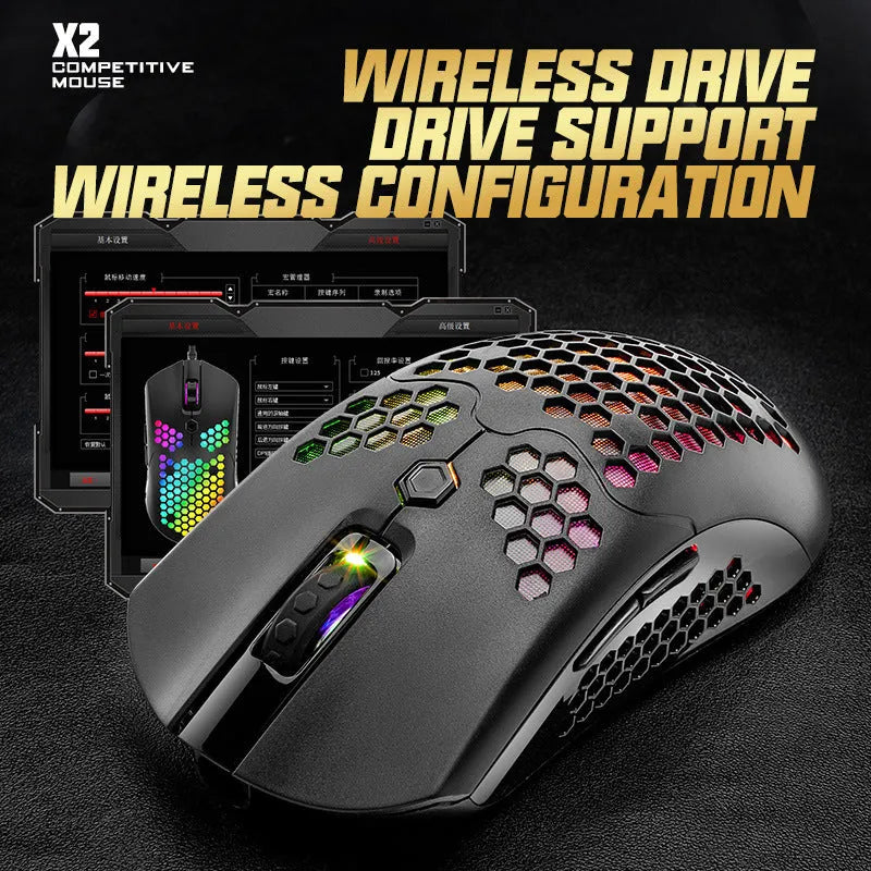 Free Wolf X2 wireless gaming mouse in black, green, pink, white, or yellow with RGB lighting and dual-mode connectivity