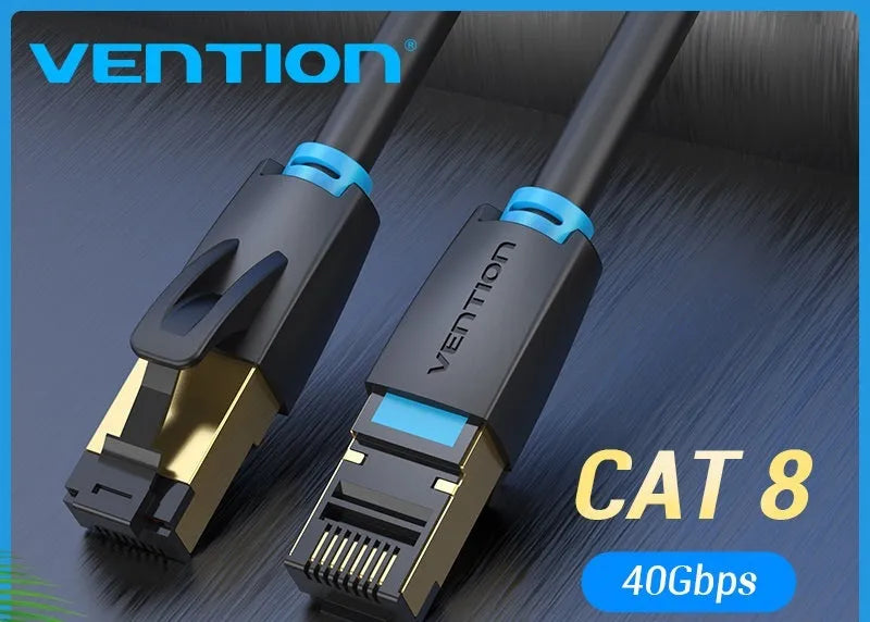 CAT8 shielded network cable with RJ45 connectors, shown in flat and round style options.