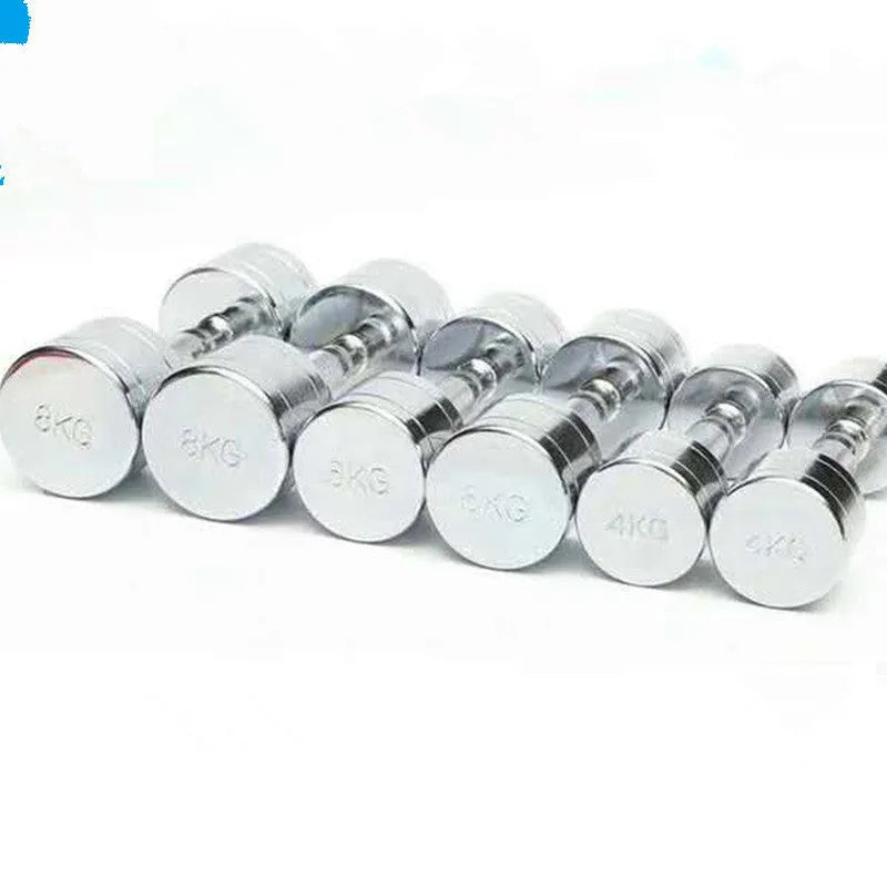 Silver pure steel 1kg dumbbell with ergonomic handle on a grey background.