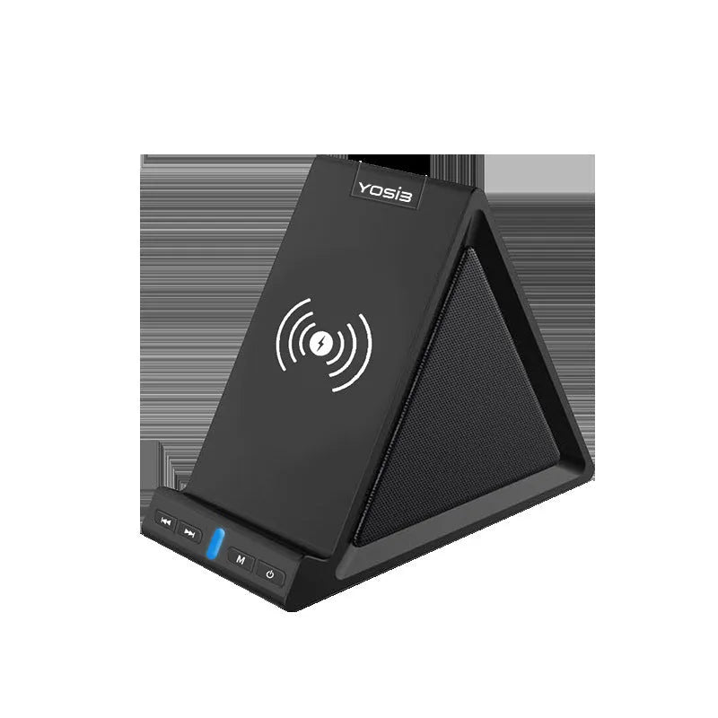 Black multifunctional mobile phone stand with built-in Bluetooth speaker and wireless charging surface
