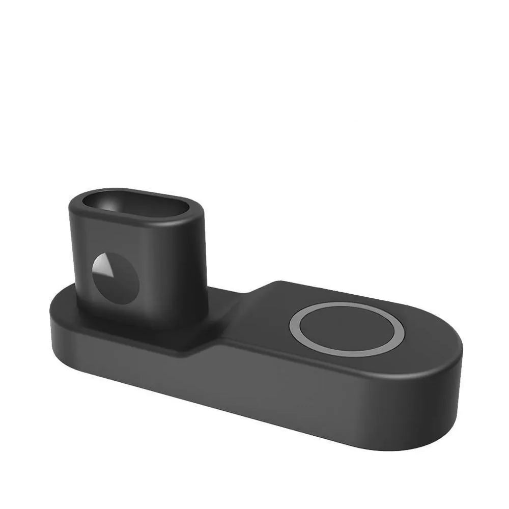 Black and white W3 wireless charging station with detachable Apple Watch charger and rotating connector dock