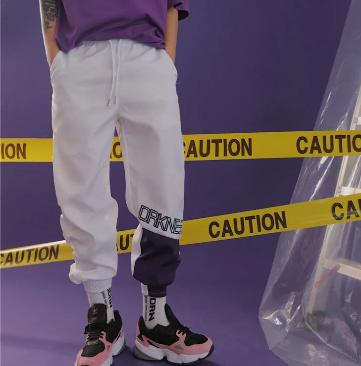 Japanese hip hop trousers with colour stitching, printed letters and bouquet foot in green or white