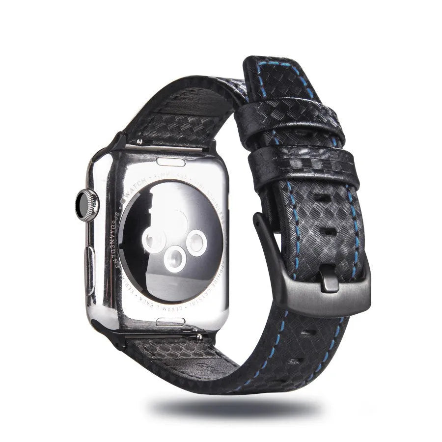 Carbon fibre and leather Apple Watch band with PC hard case in black, blue, orange, and red colour options