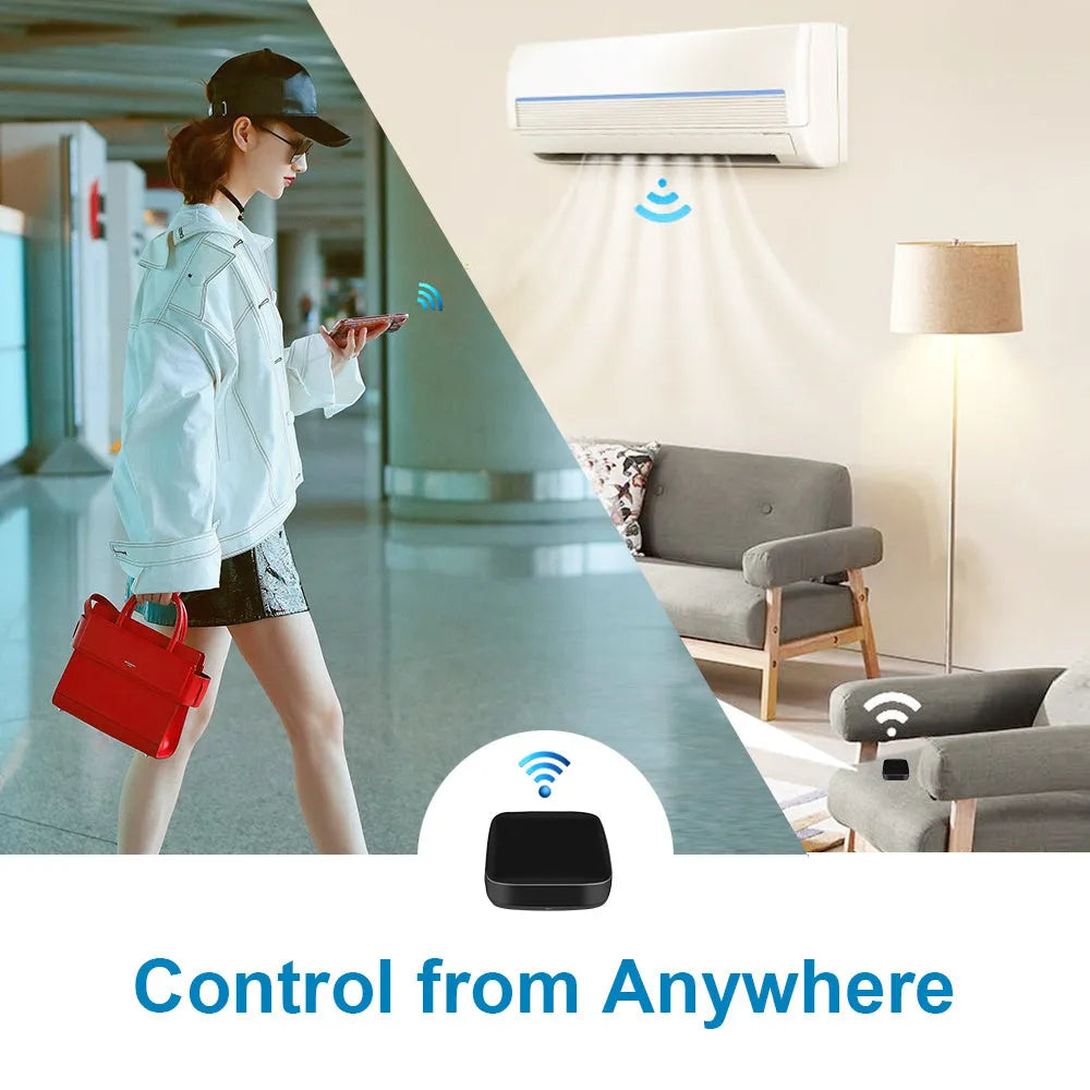 Black universal infrared remote control with voice command functionality and WiFi connectivity