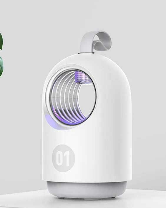 White or blue indoor mosquito killer lamp with UV light, silicone handle, and USB cable.