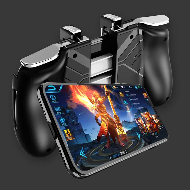 Multifunctional mobile game handle in black, blue, and white colour options on a smartphone