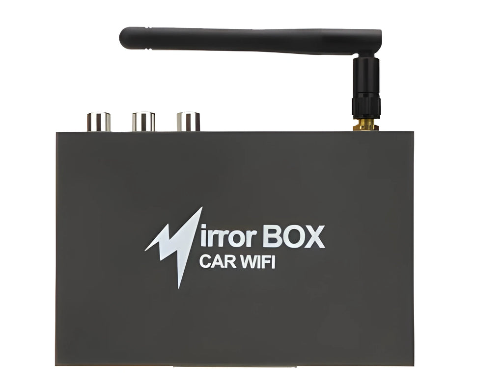 Black car Wi-Fi mirror link box with power cable, AV cable, antenna, and user manual for screen mirroring.