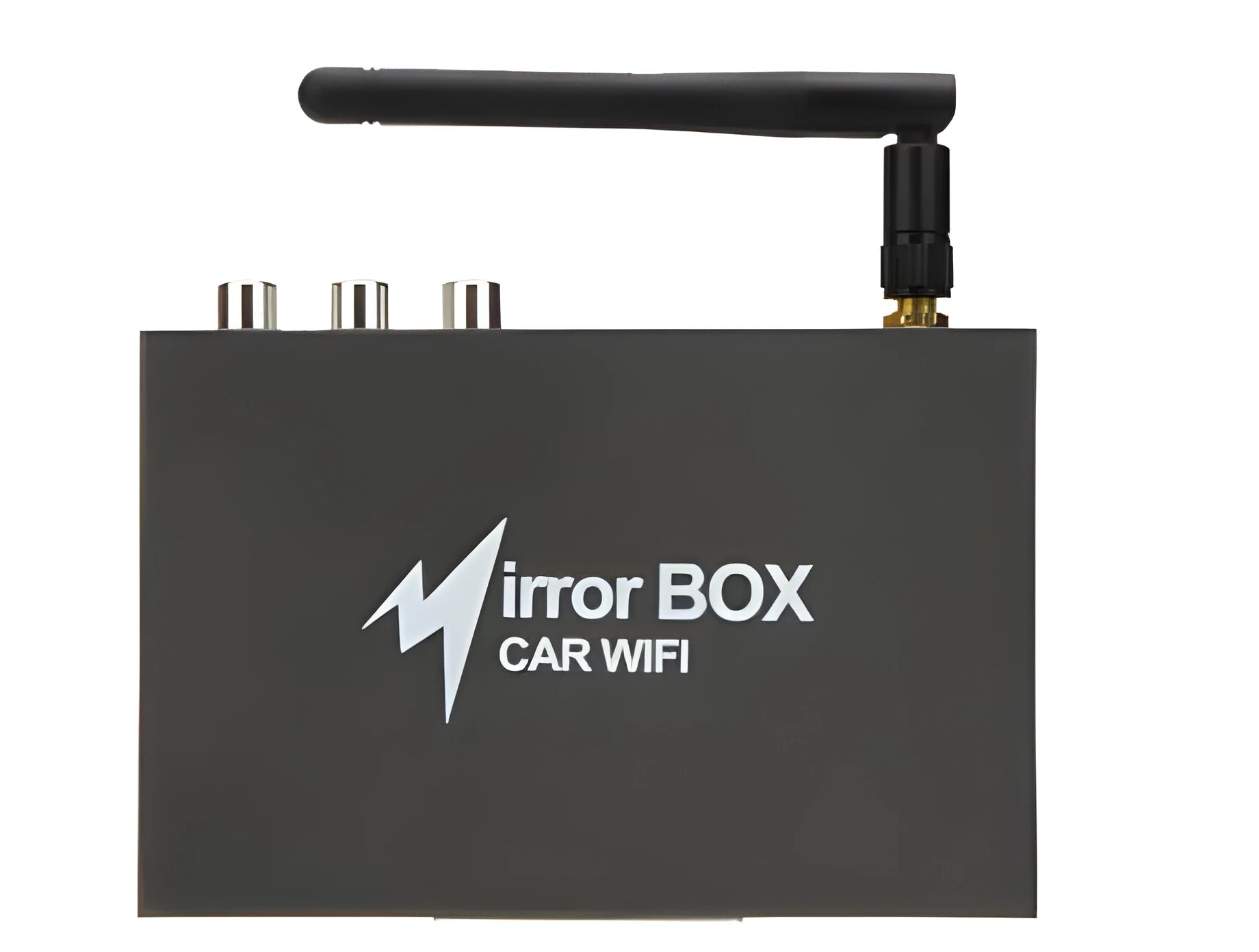 Black car Wi-Fi mirror link box with power cable, AV cable, antenna, and user manual for screen mirroring.