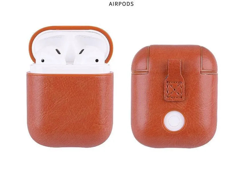Genuine leather protective case for Apple Airpods in black, brown, light brown, and red colour options