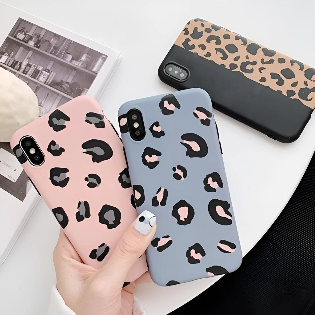 Leopard phone case for iPhone XS XR XS Max X 6 6S 7 8 Plus in black colour, showing back view